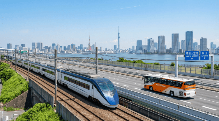Guide des transports de l'aéroport de Narita à Tokyo - Train à grande vitesse longeant l'autoroute avec des bus, panneaux routiers indiquant 'Narita Airport' et 'To Tokyo', Tokyo Skytree et skyline de la ville en arrière-plan