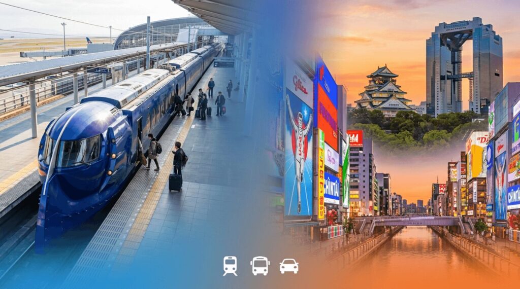간사이 공항에서 오사카 교통 가이드 - 왼쪽에는 파란색 공항 열차가 정차한 플랫폼과 여행객들, 오른쪽에는 오사카성, 우메다 스카이 빌딩, 도톤보리 네온 간판이 있는 오사카 도심 스카이라인