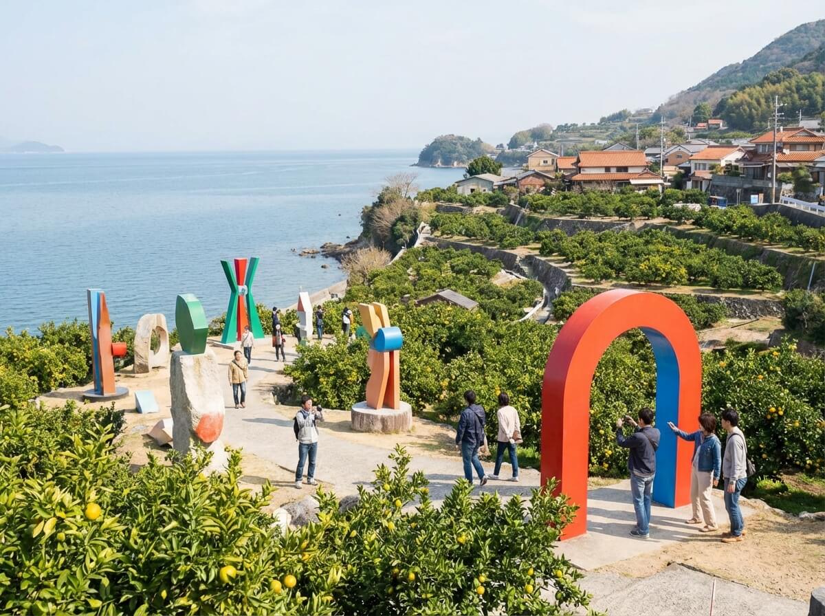 Ikuchijima art island with outdoor sculptures and lemon groves