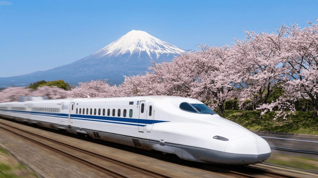 Japanese Shinkansen bullet train speeding through scenic landscape with Mount Fuji