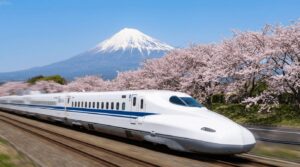 Japanese Shinkansen bullet train speeding through scenic landscape with Mount Fuji