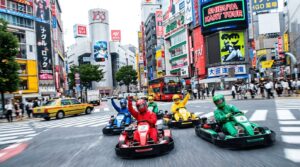 Course de kart dans les rues de Shibuya à Tokyo avec des pilotes colorés et néons urbains