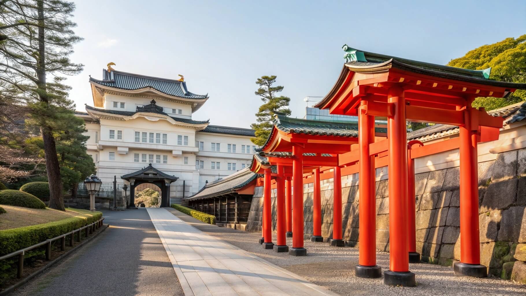 Elegant realistic photographic collage of Akasaka Tokyo's luxury attractions featuring Hie Shrine's iconic vermillion torii gate tunnel with 90 red torii gates and the magnificent Neo-Baroque Akasaka Palace State Guest House with European white architecture and golden ornate details - sophisticated travel guide for discerning foreign tourists