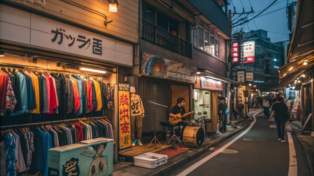 Stunning realistic photographic collage of Koenji Tokyo featuring vibrant vintage clothing shops with colorful retro fashion hanging on racks, underground live music venue with band performing on small stage with guitars and drums, punk rock aesthetic with graffiti-covered walls and street art, retro PAL shopping arcade with neon signs, vinyl records and band merchandise, eclectic mix of 1980s band tees and vintage denim, bohemian atmosphere with young Japanese subculture enthusiasts, warm evening lighting creating authentic Tokyo underground scene - ultimate travel guide for foreign tourists seeking real Tokyo counterculture