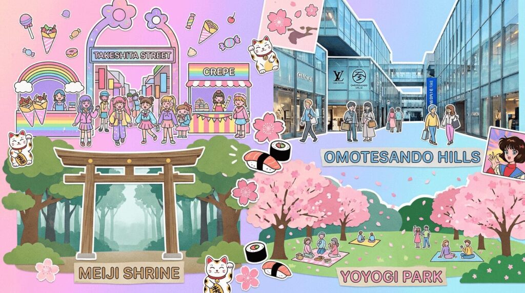 Vibrant collage illustration of Harajuku's four main attractions in Tokyo: Takeshita Street with colorful kawaii fashion and rainbow crepes, Meiji Shrine's traditional torii gate surrounded by green forest, Omotesando Hills modern luxury architecture, and Yoyogi Park's cherry blossoms and nature - complete travel guide for foreign tourists
