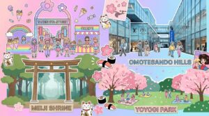 Vibrant collage illustration of Harajuku's four main attractions in Tokyo: Takeshita Street with colorful kawaii fashion and rainbow crepes, Meiji Shrine's traditional torii gate surrounded by green forest, Omotesando Hills modern luxury architecture, and Yoyogi Park's cherry blossoms and nature - complete travel guide for foreign tourists