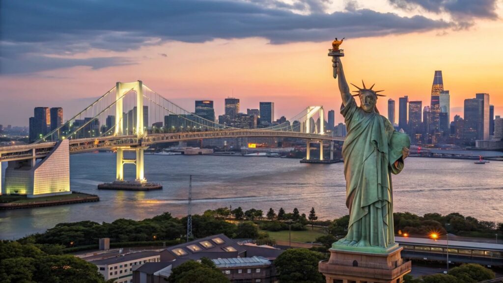 英語代替テキスト (Alt Text): Stunning realistic photographic collage of Odaiba Tokyo's waterfront attractions featuring Rainbow Bridge illuminated at sunset, iconic Statue of Liberty replica on the beach, futuristic Tokyo Bay skyline, vibrant digital art elements from teamLab museums, and giant Unicorn Gundam statue - ultimate travel guide for foreign tourists