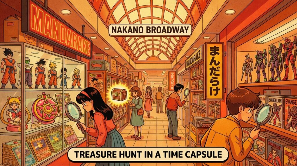 Retro illustration of Nakano Broadway vintage anime treasure hunting experience featuring colorful shelves with 1980s-90s collectibles including Dragon Ball Z figures, Sailor Moon compacts, Pokemon cards, Evangelion merchandise, and Mandarake store signs in warm orange-red-yellow Showa-era aesthetic - complete guide for collectors and foreign tourists in Tokyo