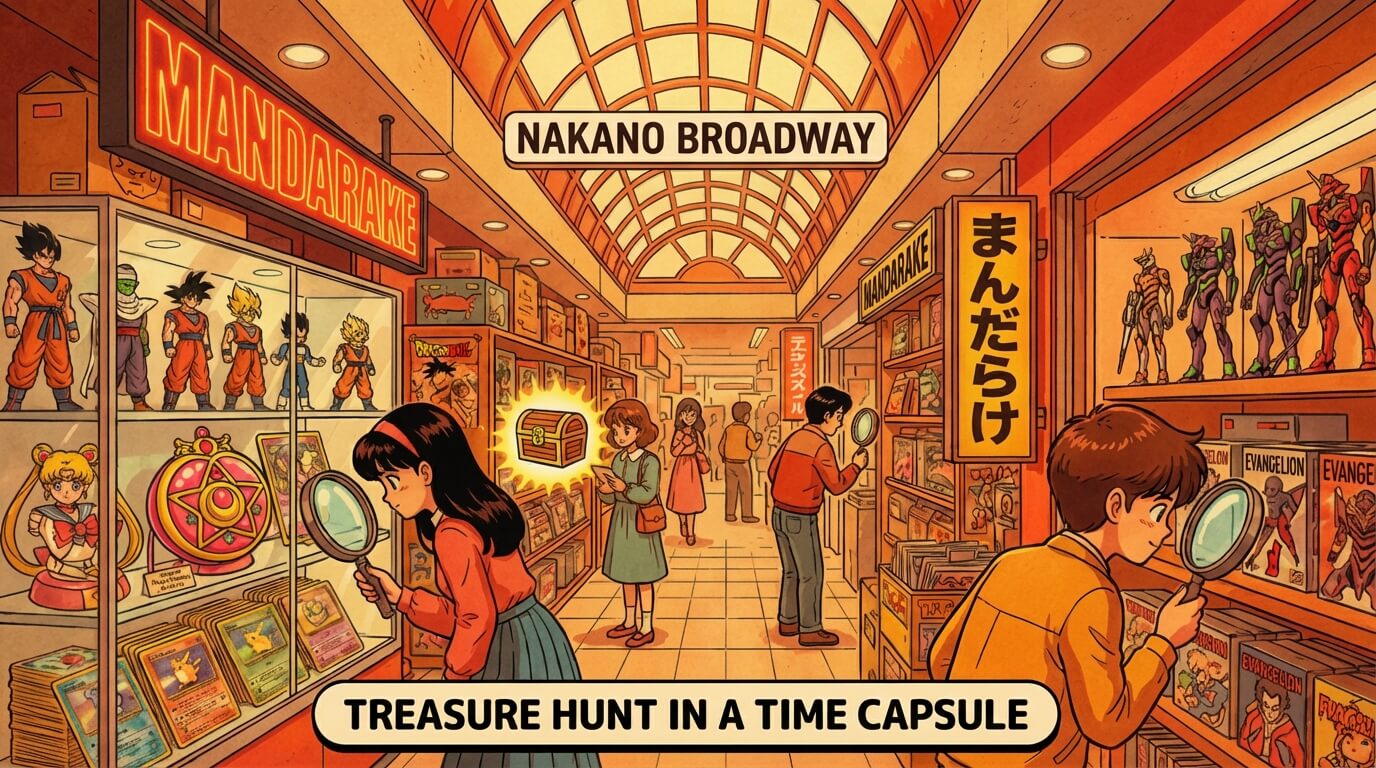 나카노 브로드웨이 빈티지 애니메이션 보물 찾기 경험을 묘사한 레트로 일러스트. 따뜻한 주황색-빨간색-노란색의 쇼와 시대 미학으로 꾸며진 만다라케 간판과 드래곤볼 Z 피규어, 세일러문 콤팩트, 포켓몬 카드, 에반게리온 굿즈 등 1980~90년대 수집품이 진열된 선반 - 도쿄의 수집가 및 외국인 관광객을 위한 완벽 가이드
