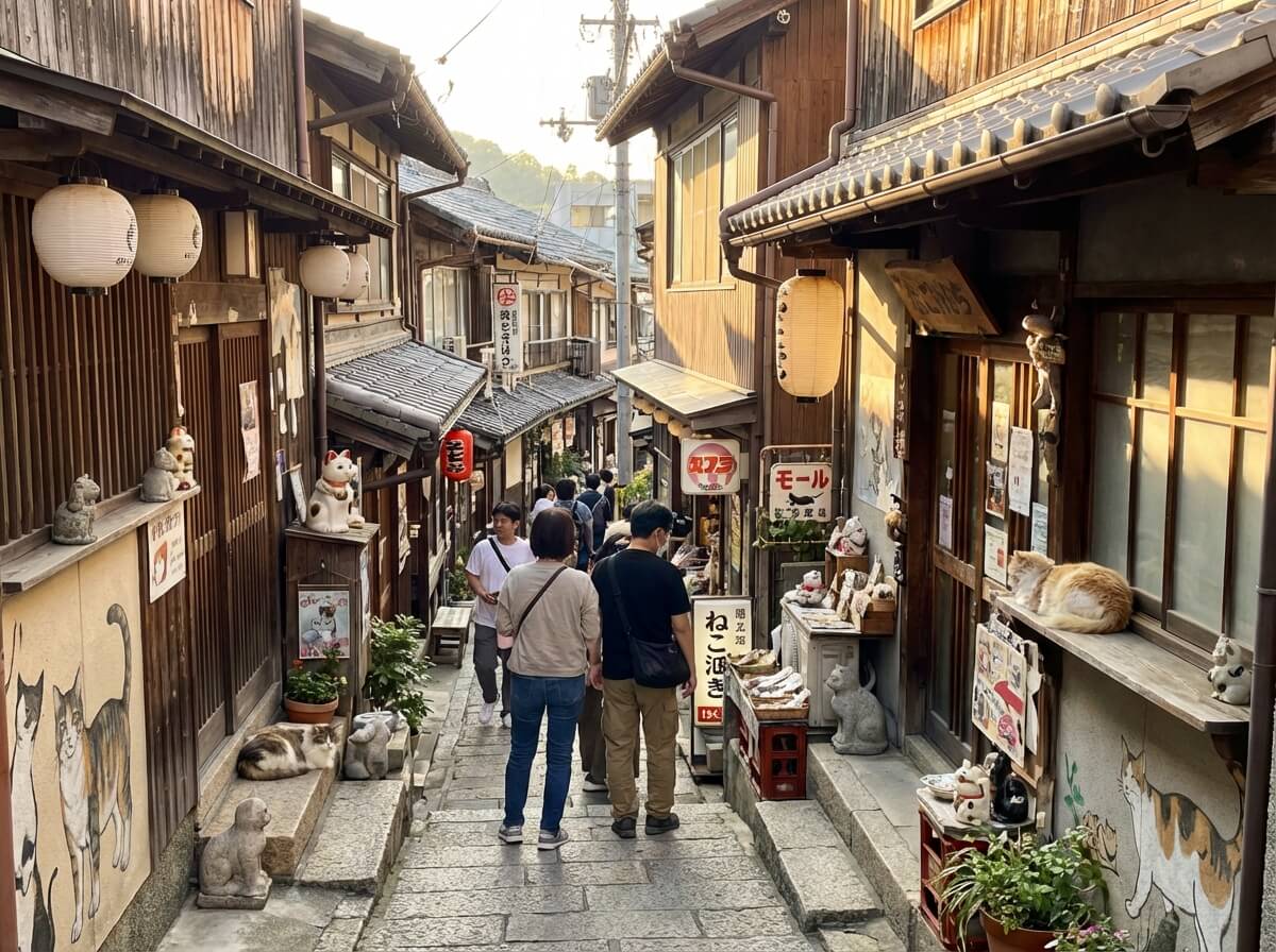 Cat Alley Neko no Hosomichi in Onomichi with cat statues