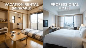 Comparison of vacation rental versus hotel room in Japan showing difference in cleaning standards and professional quality