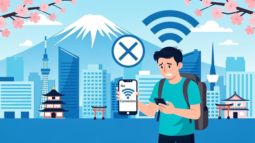 Foreign tourist struggling with WiFi connectivity in Japan - frustrated traveler looking at smartphone with no internet connection in Tokyo cityscape with Mount Fuji background