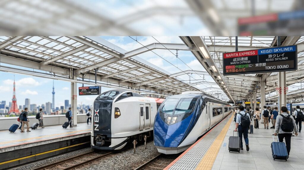 Narita Express and Keisei Skyliner trains at Tokyo station platform with Tokyo Tower and Skytree in background - Complete guide to express trains from Narita Airport to Tokyo 2026