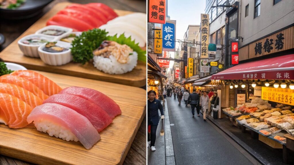 Realistic photographic collage of Tsukiji Tokyo's culinary attractions featuring fresh sushi with vibrant otoro tuna and salmon nigiri, colorful displays of fresh seafood including giant tuna sea urchin and oysters at bustling Tsukiji Outer Market with vendors and customers, vibrant market atmosphere - ultimate food destination guide for foreign tourists