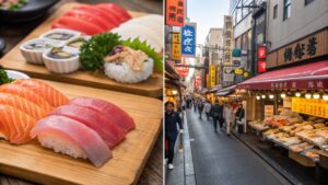 Realistic photographic collage of Tsukiji Tokyo's culinary attractions featuring fresh sushi with vibrant otoro tuna and salmon nigiri, colorful displays of fresh seafood including giant tuna sea urchin and oysters at bustling Tsukiji Outer Market with vendors and customers, vibrant market atmosphere - ultimate food destination guide for foreign tourists