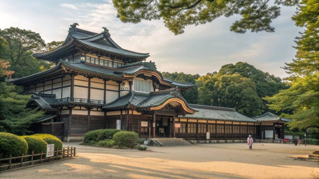 Stunning realistic photographic collage of Edo-Tokyo Open Air Architectural Museum featuring the iconic Kodakara-yu bathhouse with ornate facade inspired by Spirited Away, traditional thatched-roof farmhouses with kayabuki roofs, Edo-period merchant shops with wooden architecture, Meiji-era Mitsui mansion with Japanese-Western hybrid design, Showa-era downtown streetscape with retro signage, beautiful green trees of Koganei Park, warm afternoon sunlight creating nostalgic atmosphere, Studio Ghibli aesthetic, Japanese cultural heritage - ultimate travel guide for foreign tourists visiting Tokyo
