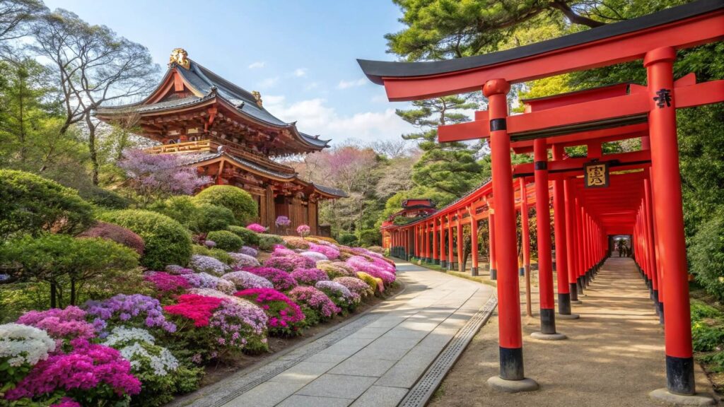 Stunning realistic photographic collage of Nezu Shrine Tokyo featuring vermillion red torii gate tunnel with dozens of traditional senbon torii gates creating a sacred pathway, vibrant colorful azalea flowers blooming in pink purple and white, historic 1705 Edo-period shrine buildings with golden decorations, peaceful traditional Japanese garden - ultimate hidden gem travel guide for foreign tourists