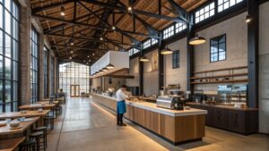 Stunning realistic photographic collage of Blue Bottle Coffee Kiyosumi-Shirakawa Tokyo featuring the iconic warehouse-style roastery cafe with high ceilings and wide entrance, artisanal pour-over coffee being prepared by barista, latte art in ceramic cup, industrial-chic interior with exposed beams and large windows, coffee beans roasting, hipster third-wave coffee culture atmosphere, natural morning light streaming through windows, modern minimalist aesthetic - ultimate coffee lover's travel guide for foreign tourists