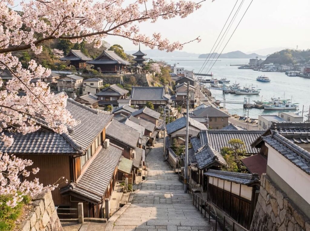 Panoramic view of Onomichi hillside town with traditional temples, stone staircases, and tiled houses cascading down to Seto Inland Sea with cherry blossoms in spring