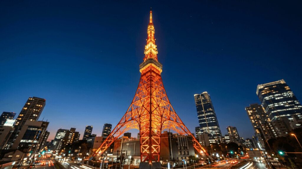 Tokyo Tower illuminated at night in orange and red lights - iconic landmark view