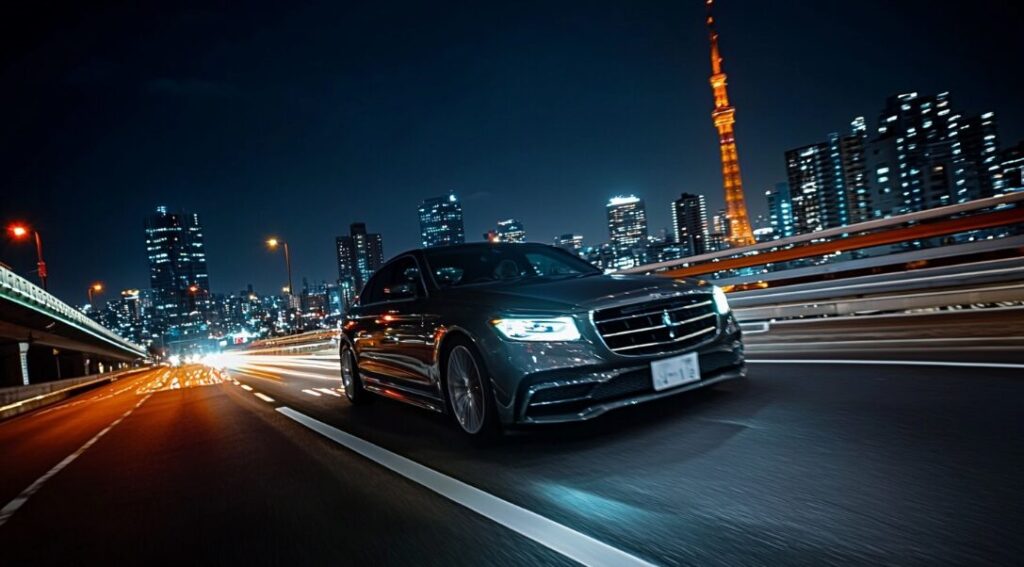 Luxury airport transfer car driving on Tokyo expressway at night from the Airport to Shibuya with illuminated Tokyo Tower in background