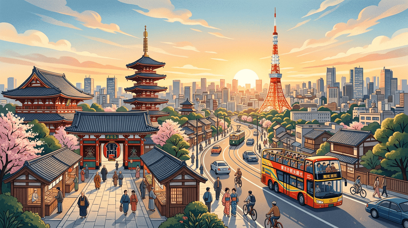 Tokyo morning sightseeing image with Tokyo Tower, Senso-ji Temple, and a sightseeing bus