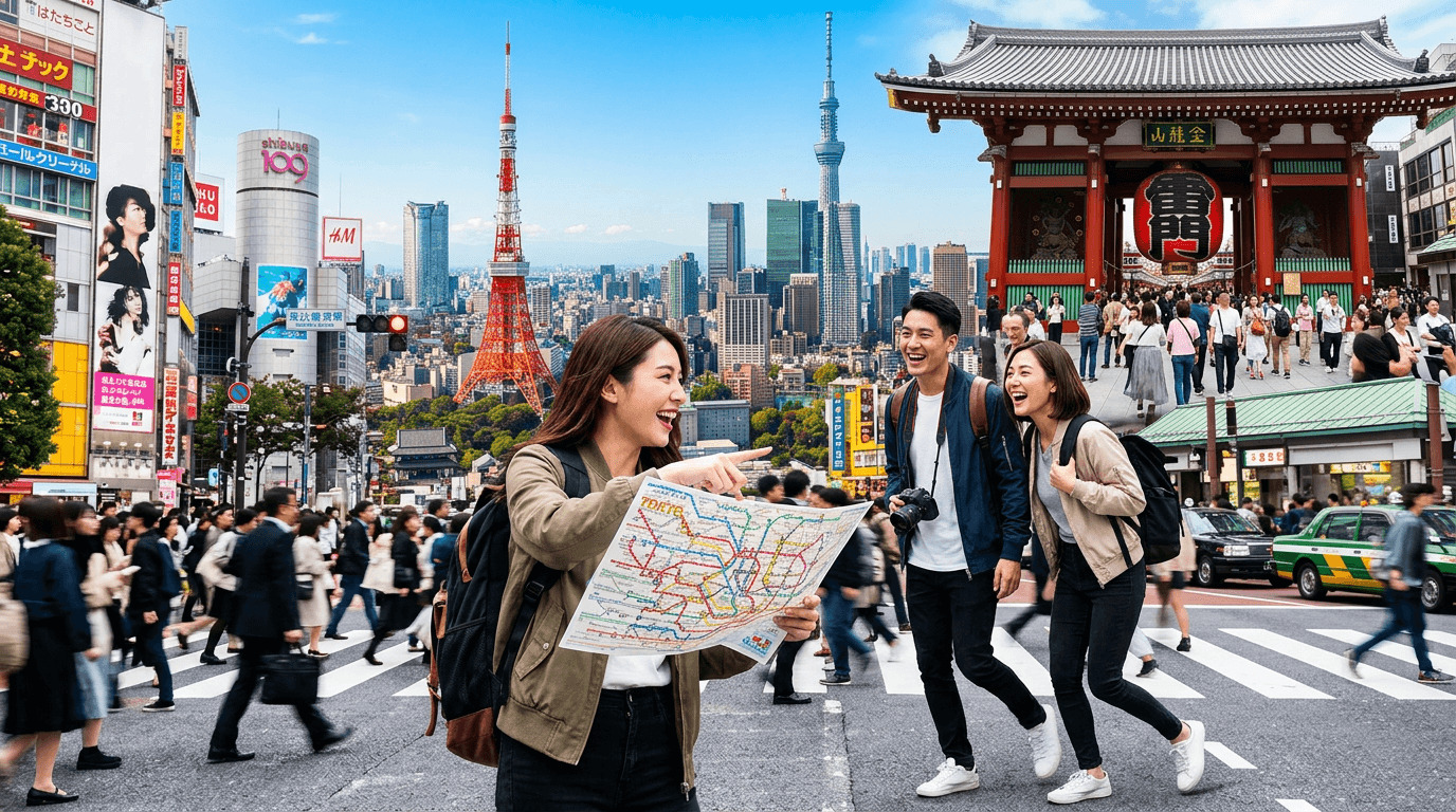 Explore Tokyo in one day image with dynamic city landmarks and active travelers