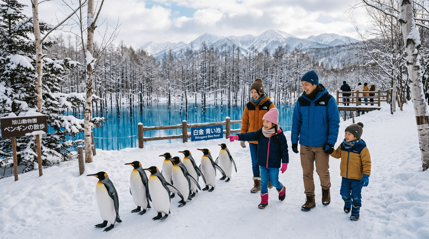 Asahiyama Zoo and Blue Pond day tour with penguins and scenic Hokkaido landscape