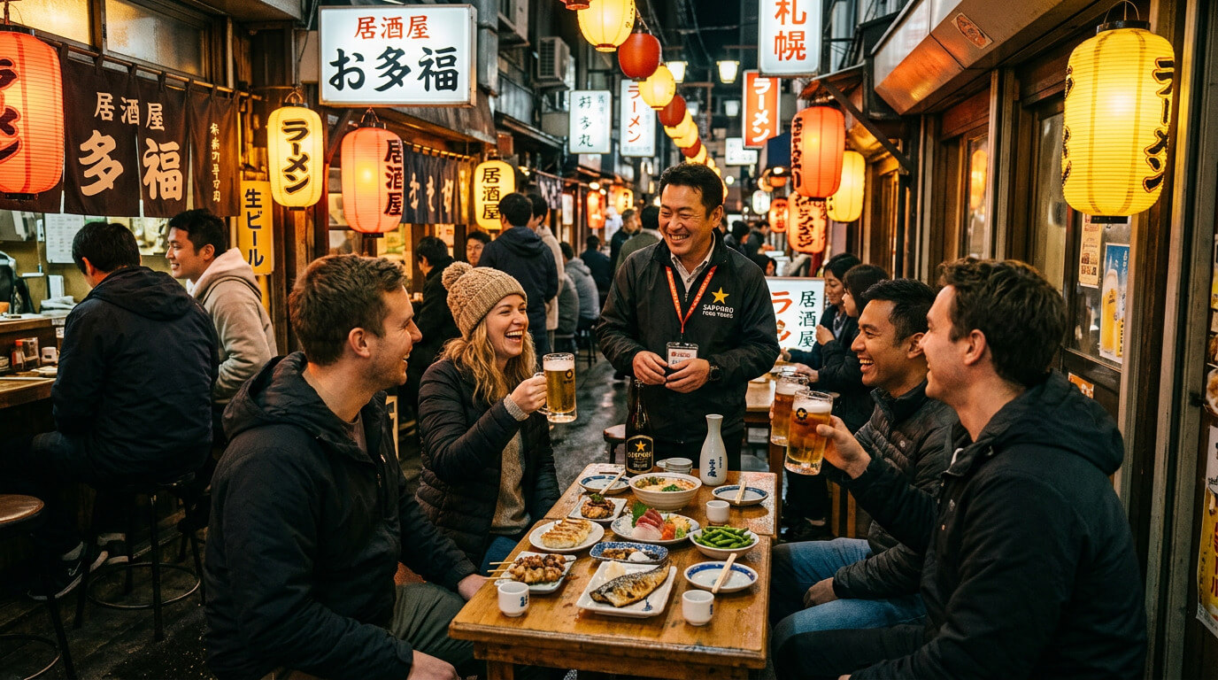 Travelers enjoying a lively Sapporo night food tour through hidden izakaya alleys with local dishes and drinks