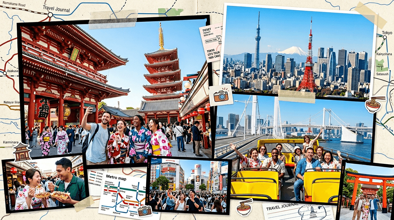 Full-day Tokyo bus tour image with major landmarks and sightseeing bus