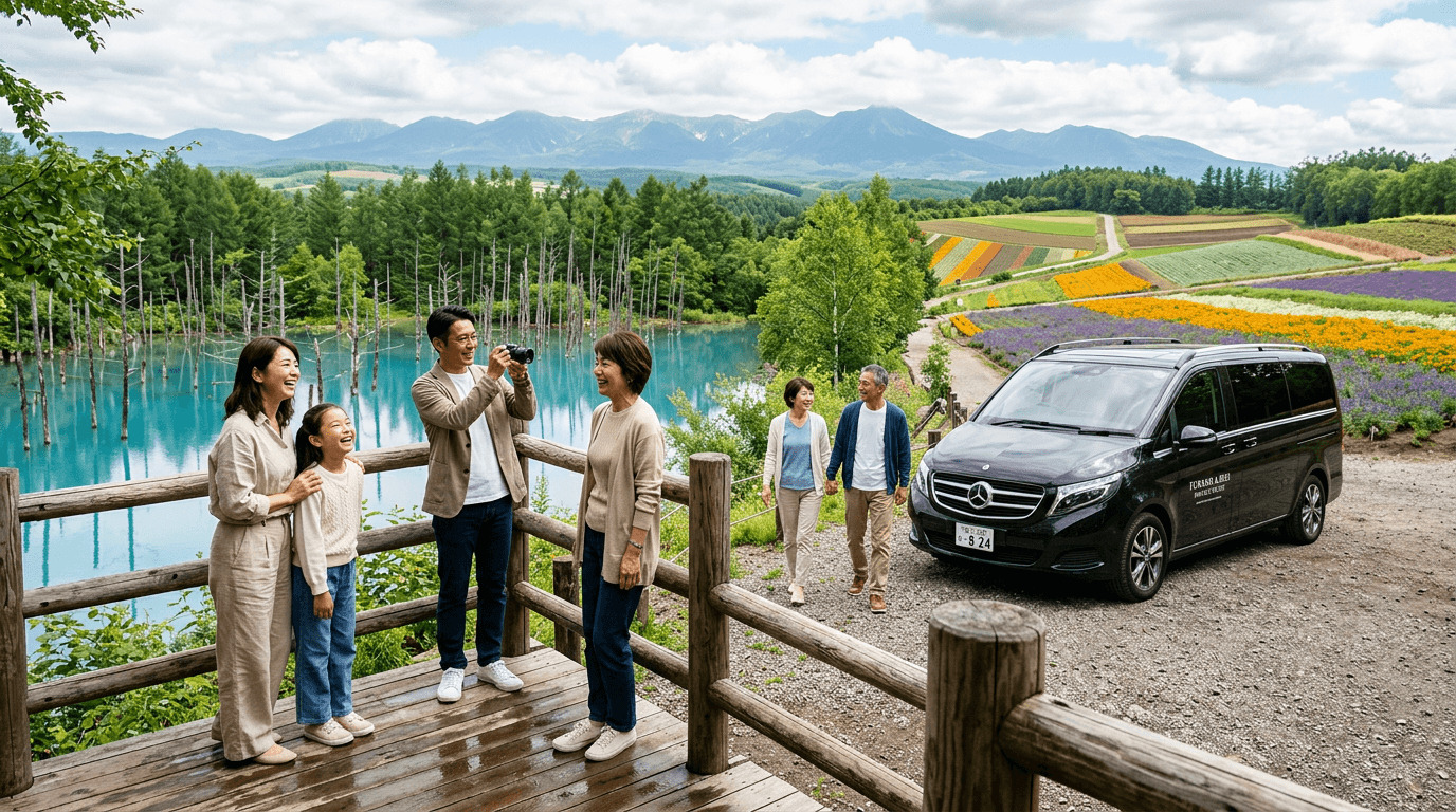 A private day tour around Furano and Biei for up to 8 passengers with scenic countryside and Blue Pond