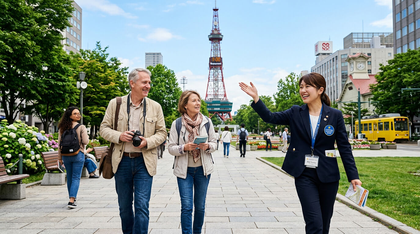A private sightseeing tour in Sapporo with a licensed guide leading travelers past Odori Park and classic city landmarks