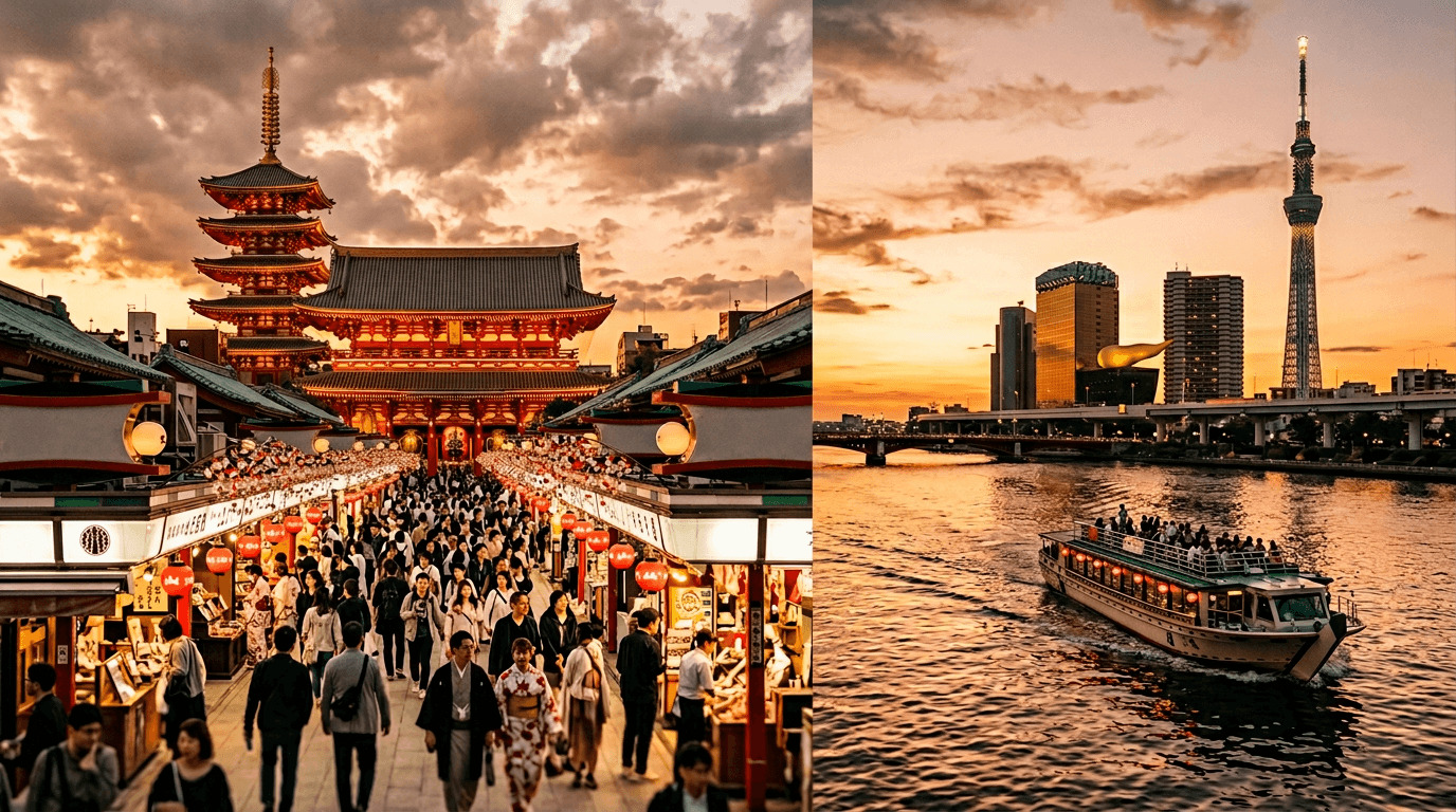 Tokyo afternoon tour image with Asakusa and Sumida River cruise at sunset