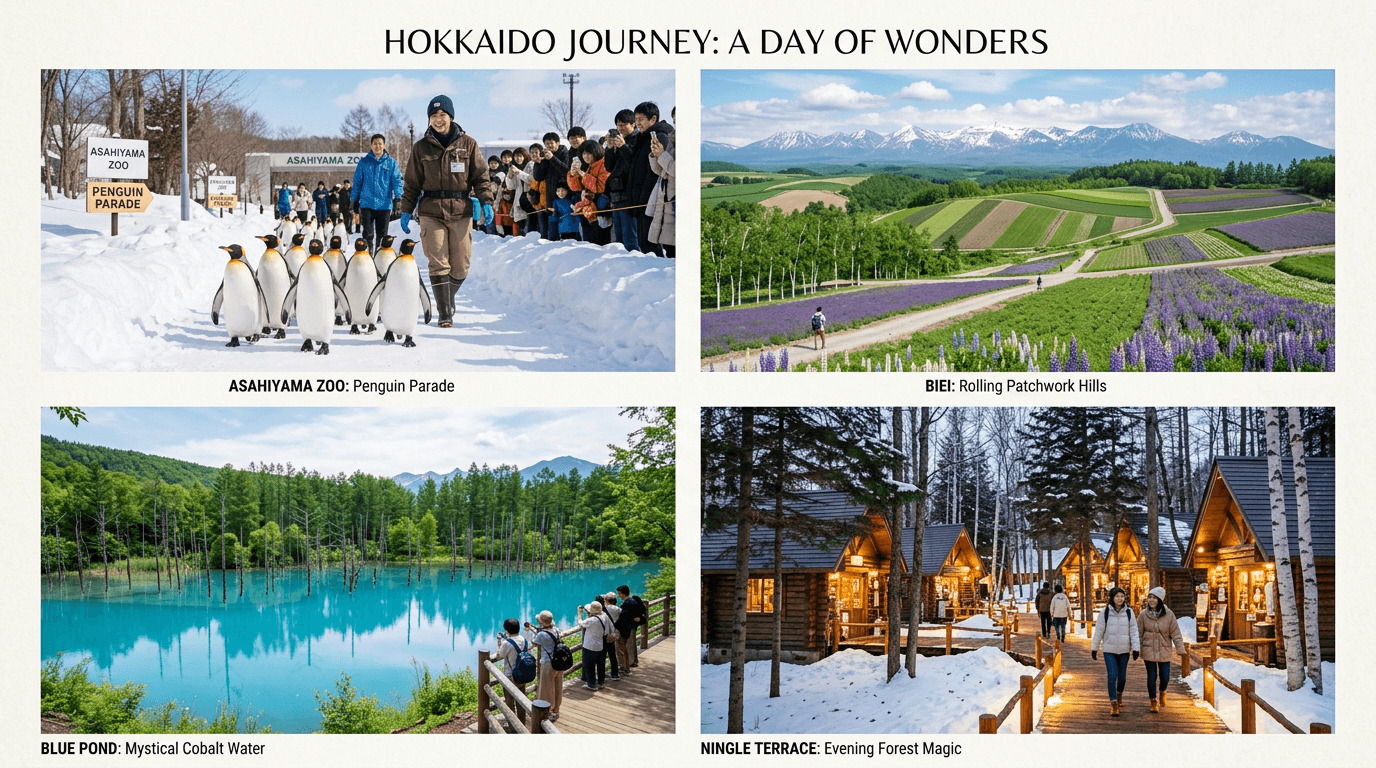 A Hokkaido countryside day trip showing Asahiyama Zoo, Biei scenery, Blue Pond, and Ningle Terrace