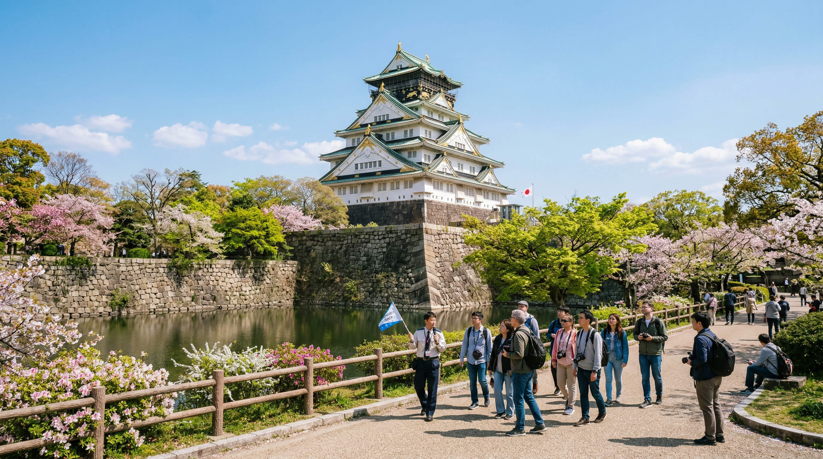 Osaka Castle walking tour image with castle and guided visitors