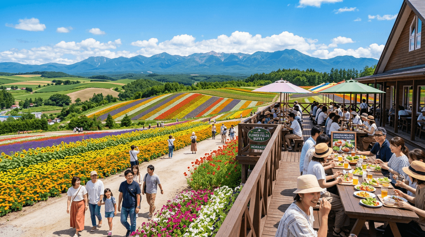 Colorful flower fields in Furano and Shikisai no Oka with a buffet lunch day trip atmosphere