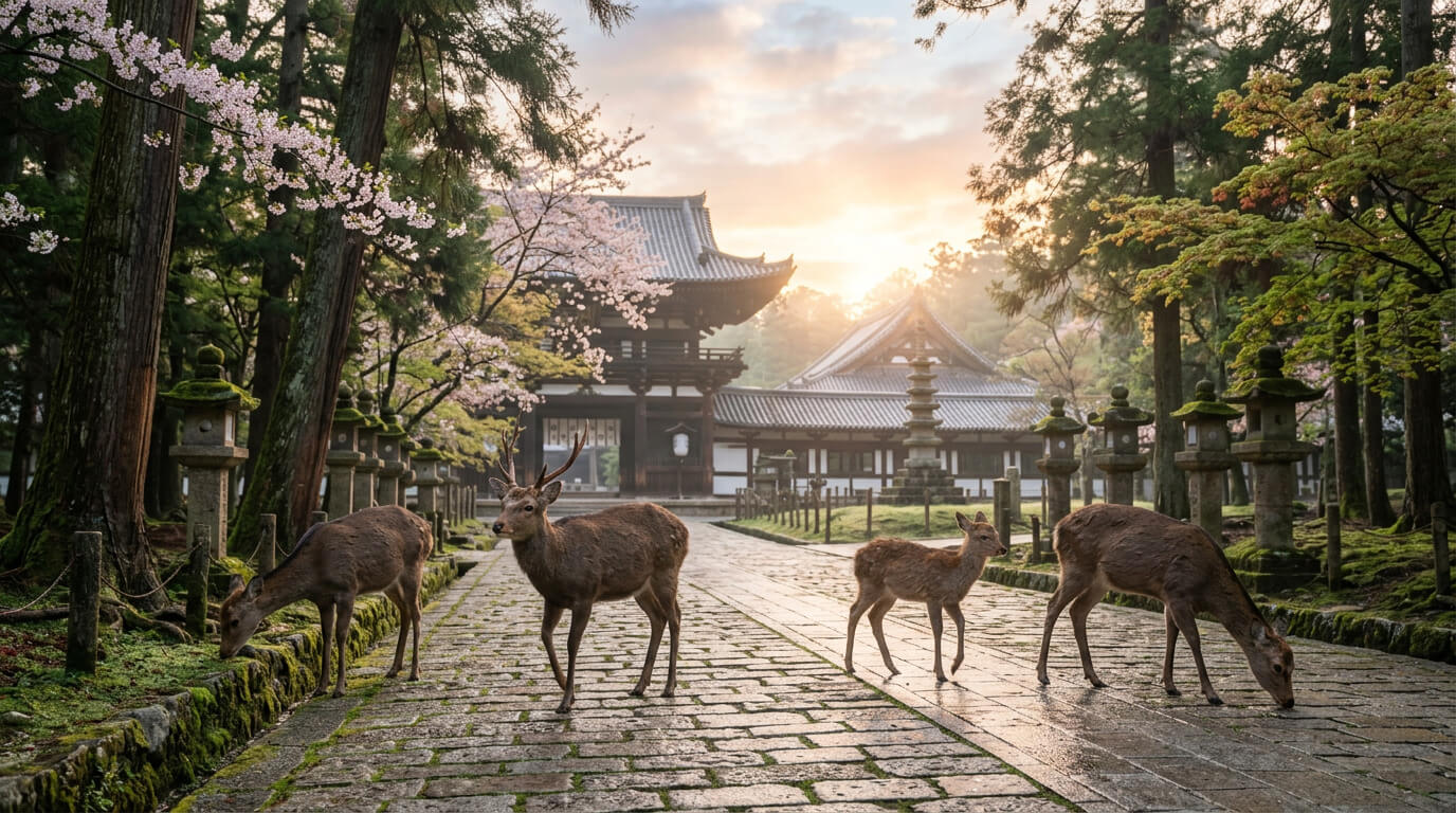 Nara early morning tour from Osaka with deer and peaceful sunrise atmosphere