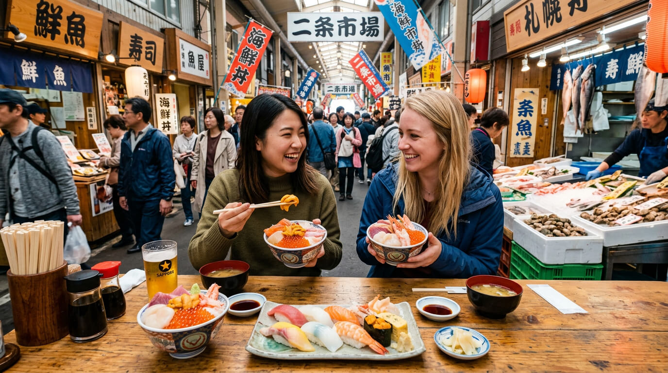 Fresh seafood and a local lunch experience at Nijo Market with travelers walking through Sapporo’s historic district