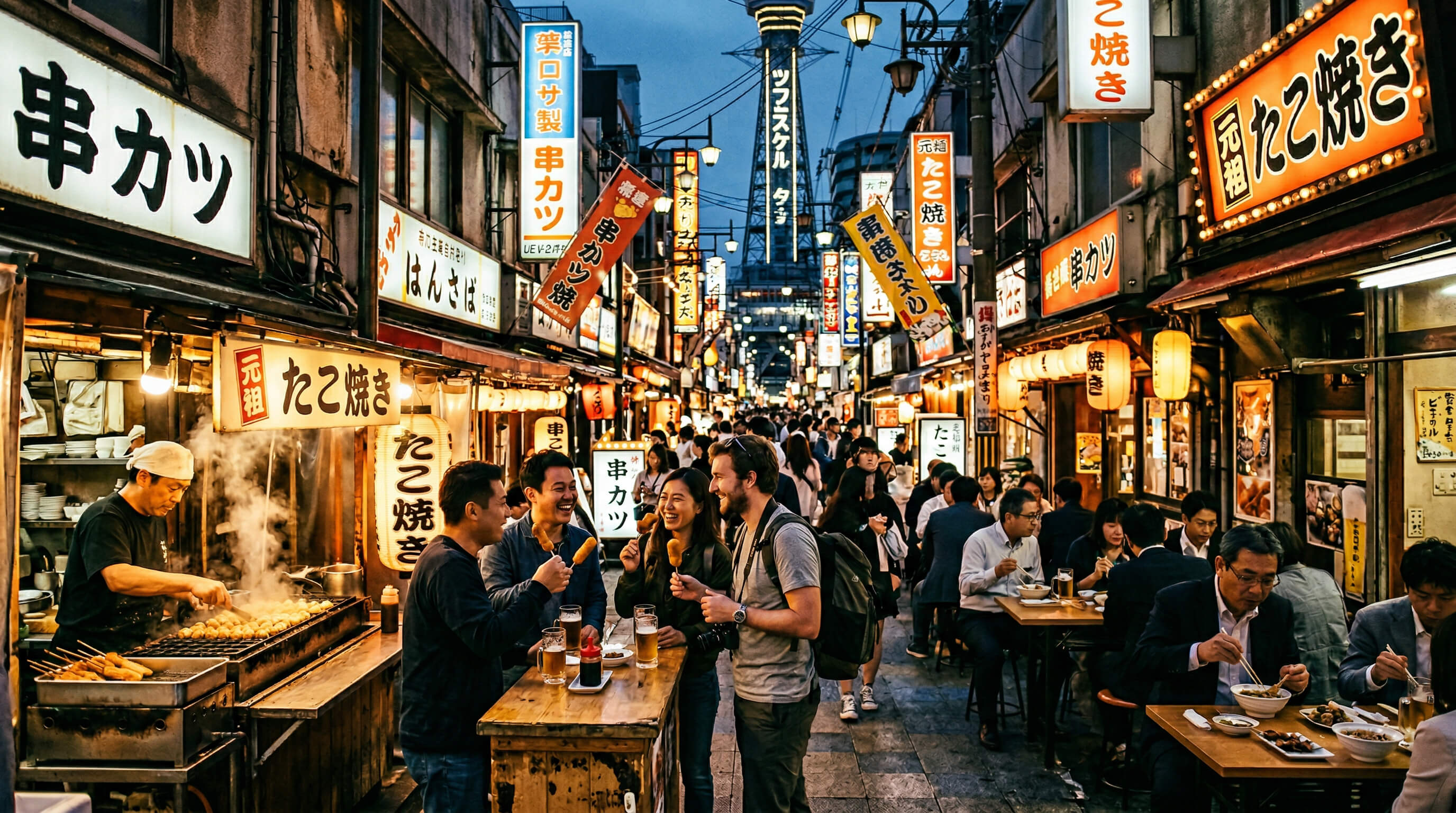 Shinsekai Osaka foodie tour image with retro streets and local dishes