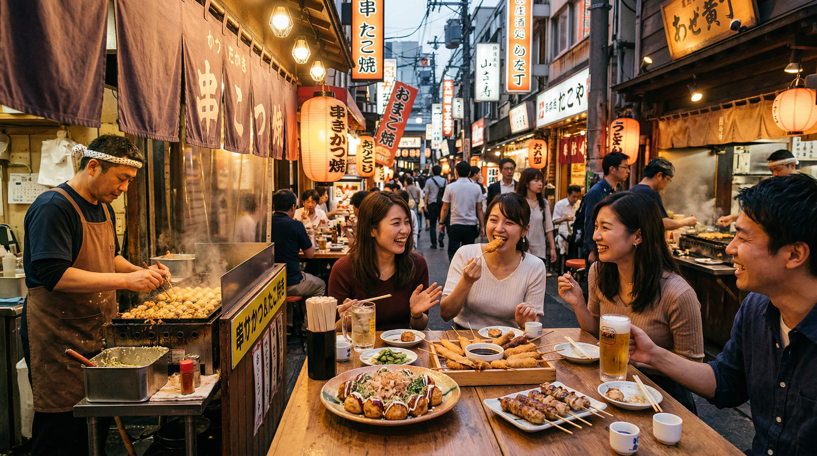 Osaka food tour image with takoyaki, kushikatsu, skewers, and local eateries