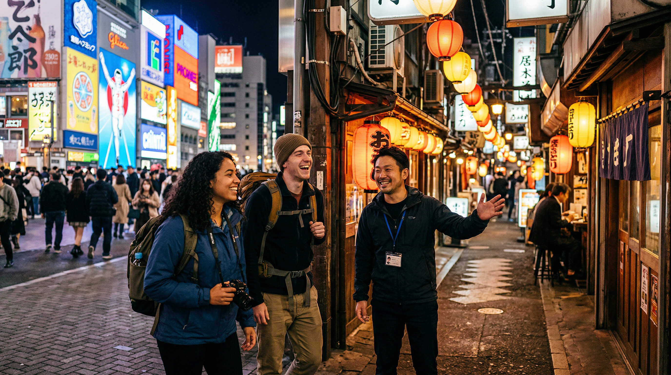 Osaka Kickstart tour image with first-time travelers, neon streets, and hidden alleys